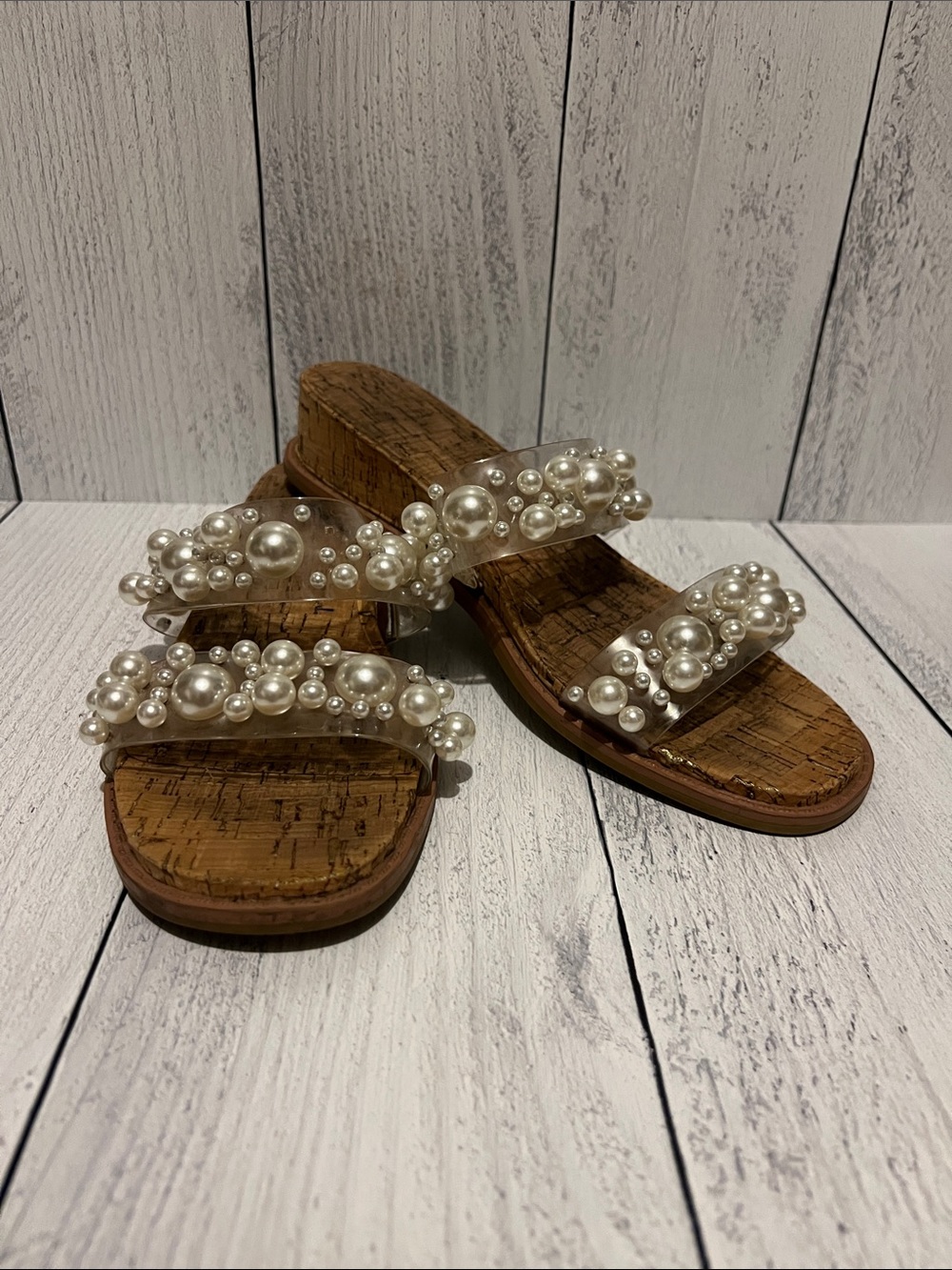 Anne Klein Pearl-Embellished Cork Slide Sandals - Brown & White